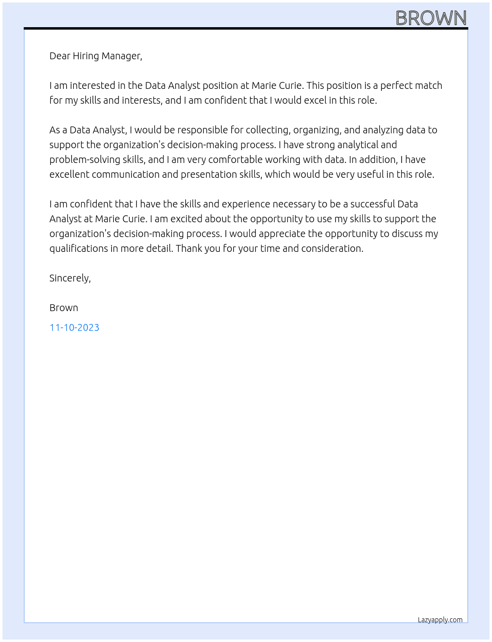 Data Analyst At Marie Curie Cover Letter
