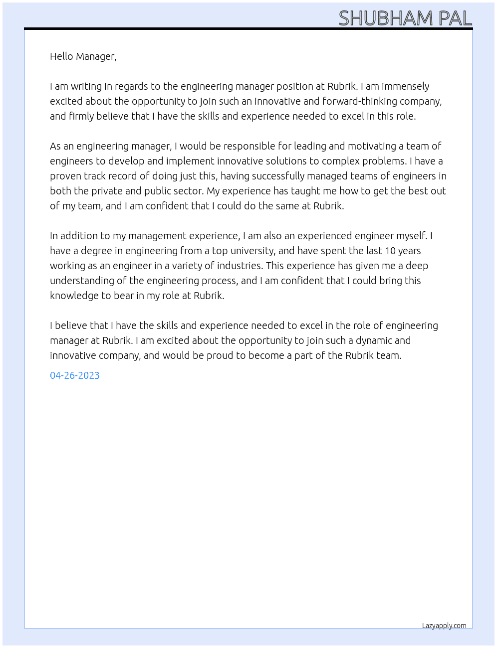 Engineering Manager  At Rubrik Cover Letter