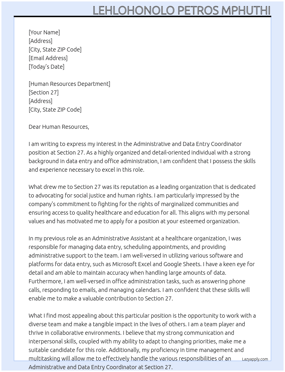 Aministrative and data entry Coordinator At Section 27  Cover Letter