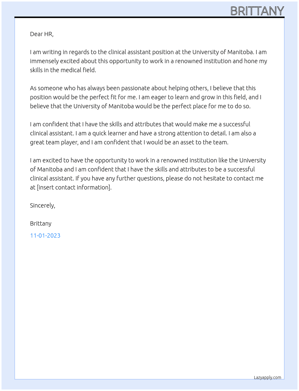 Clinical assistant At University of Manitoba Cover Letter