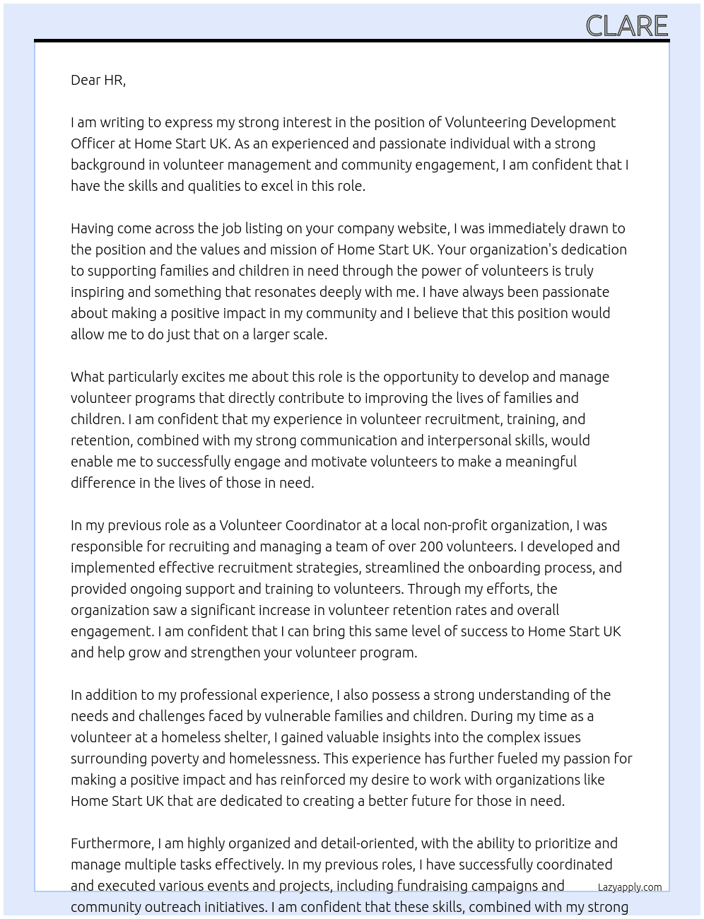 Volunteering Development Officer At Home Start UK Cover Letter