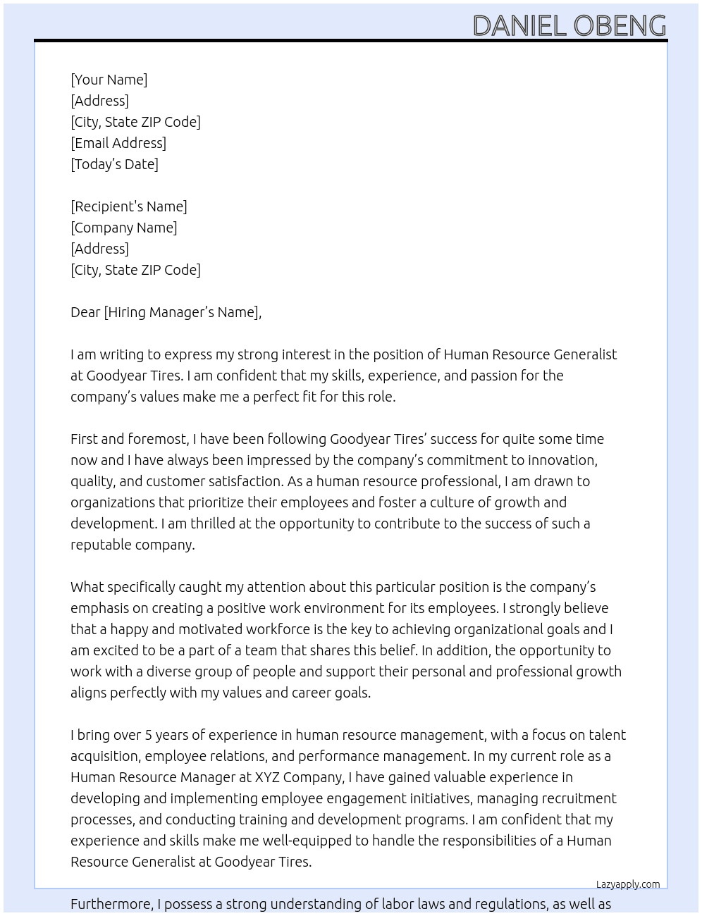 Human Resoure Generalist At Goodyear Tires Cover Letter
