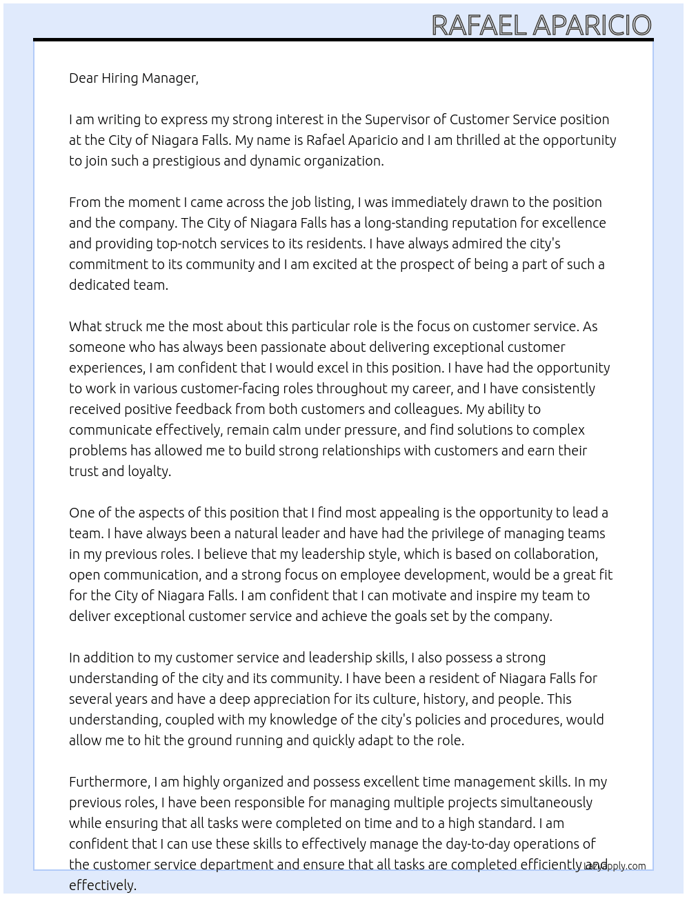 Supervisor of Customer Service At City of Niagara Falls Cover Letter