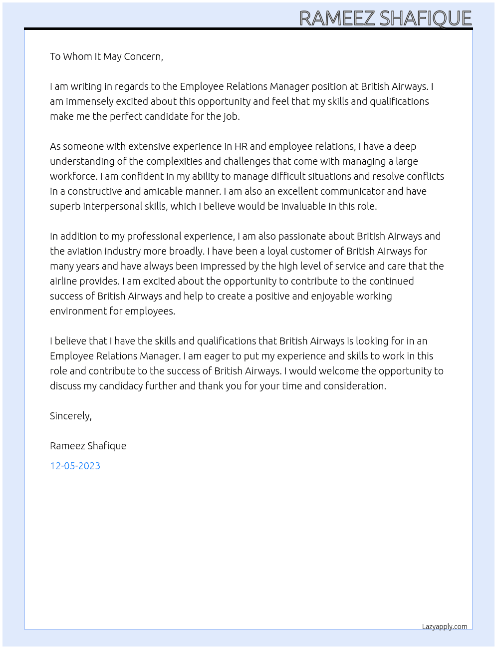 employee relations manager At british airways Cover Letter