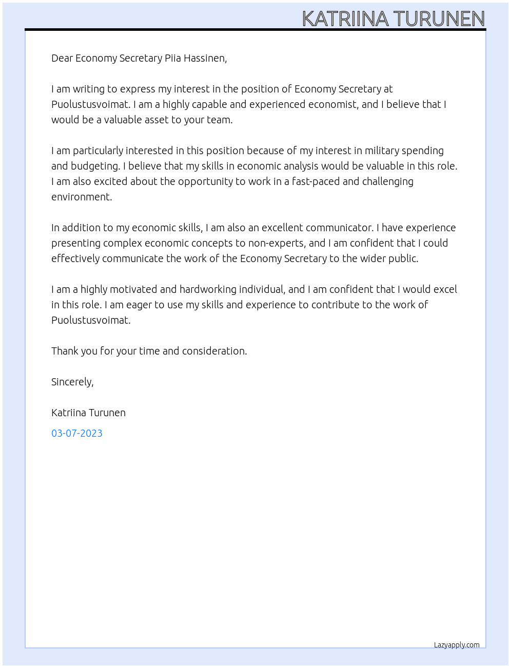 Economy Secretary At Puolustusvoimat Cover Letter