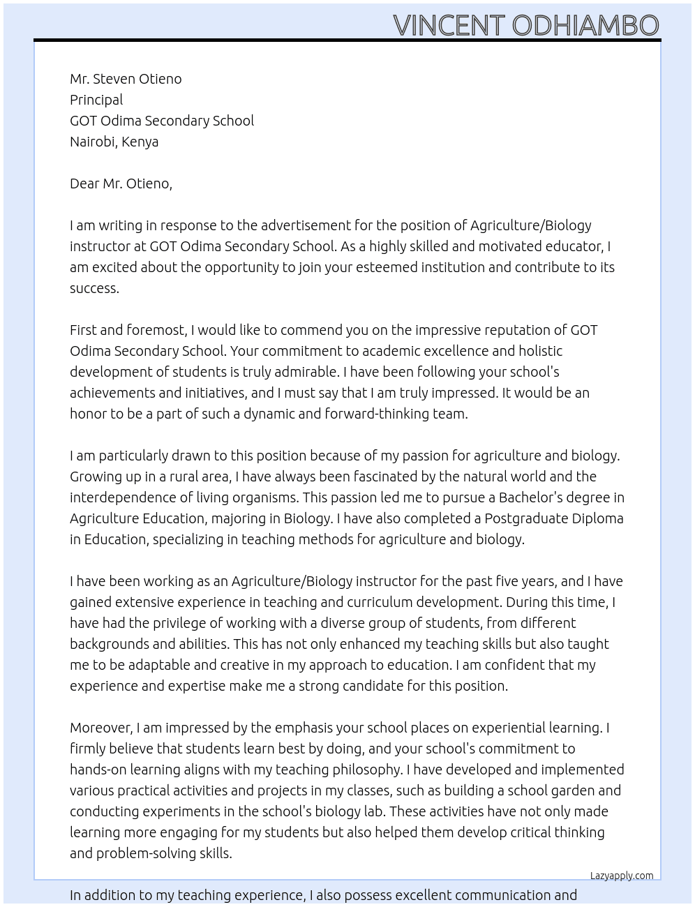Agriculture/biology instructor  At GOT ODIMA SECONDARY SCHOOL  Cover Letter