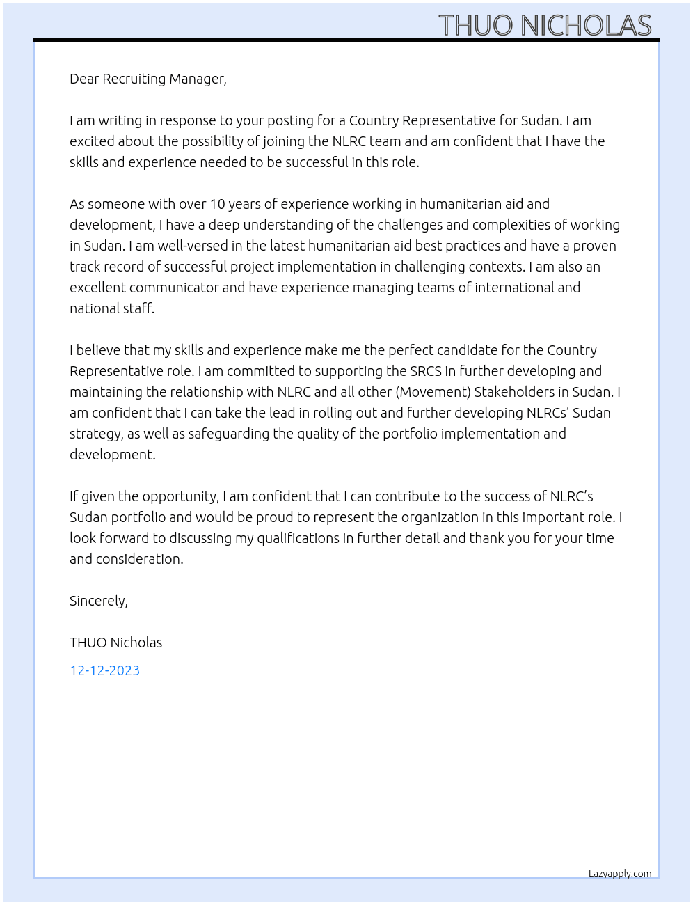 Country Representative Sudan At NLRC Cover Letter