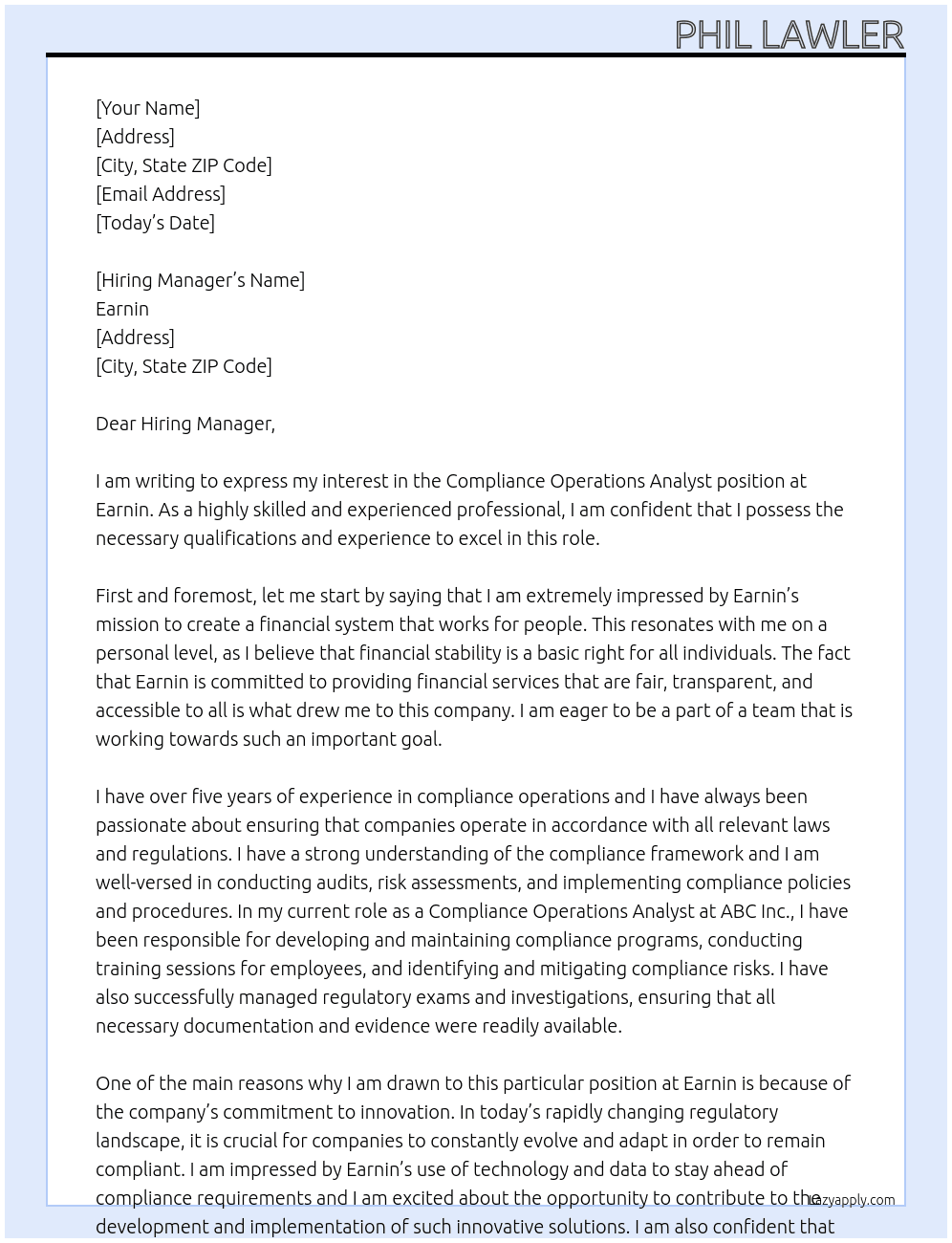Compliance Operations Analyst At Earnin Cover Letter