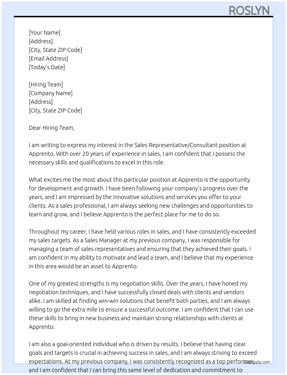 Sales representative/consultant (sales) At Apprento  Cover Letter