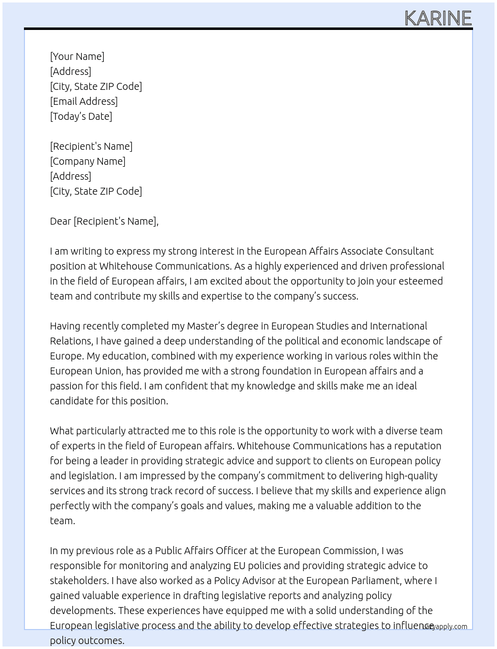 European Affairs Associate Consultant At Whitehouse Communications Cover Letter