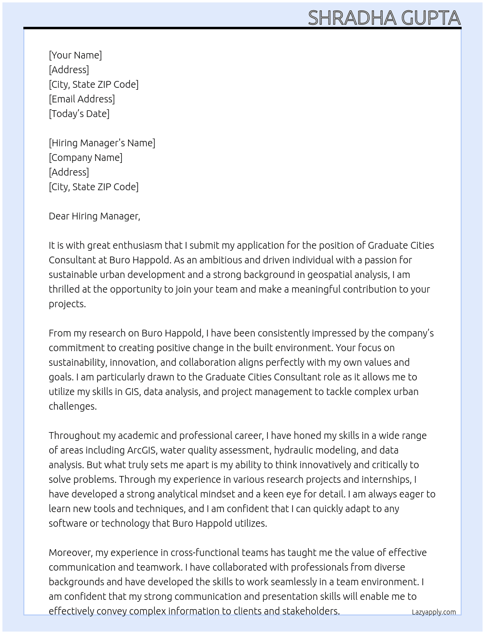 Graduate Cities Consultant At Buro HAppold Cover Letter
