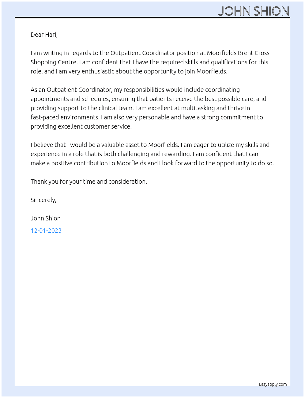 Outpatient Coordinator At Moorfields Brent Cross Shopping CentreAddress Cover Letter