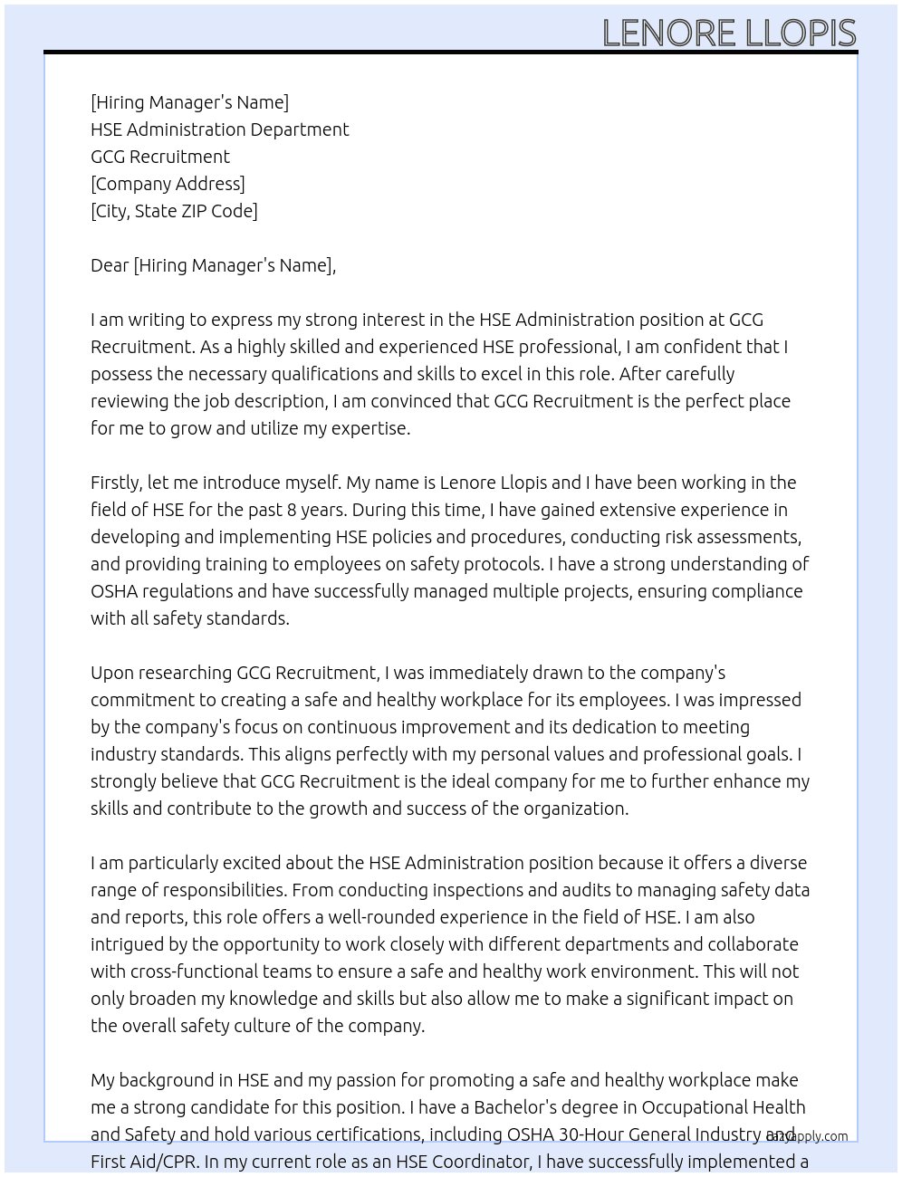 HSE ADMINISTRATION At GCG RECRUITMENT Cover Letter