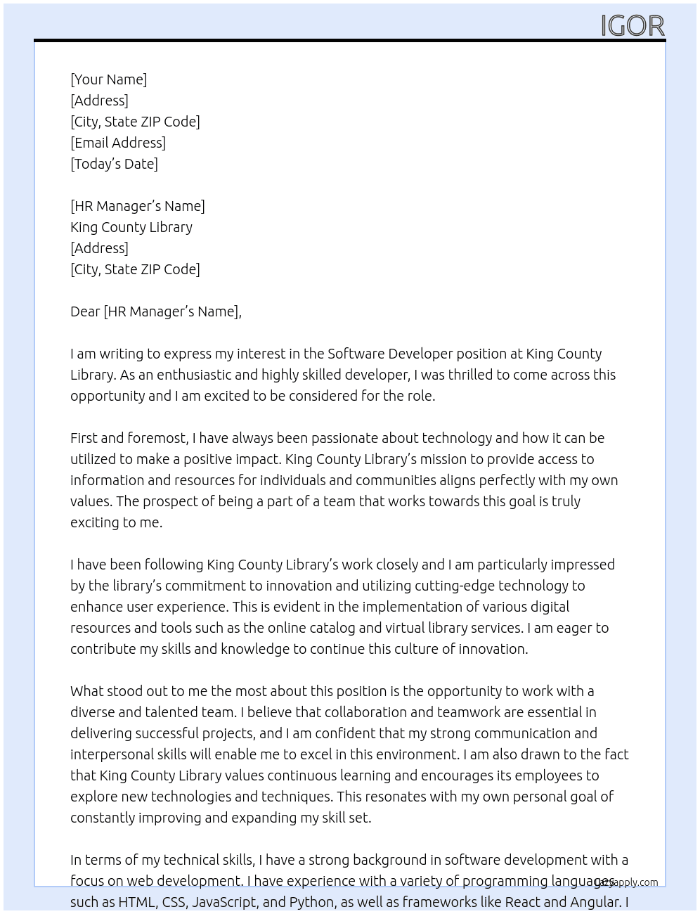 Software Developer At King County Library Cover Letter