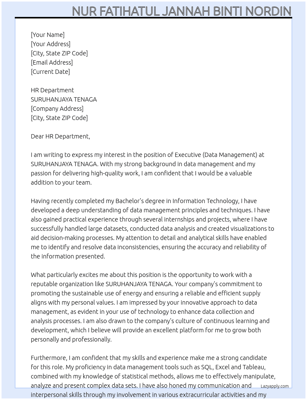 EXECUTIVE (DATA MANAGEMENT) At SURUHANJAYA TENAGA Cover Letter