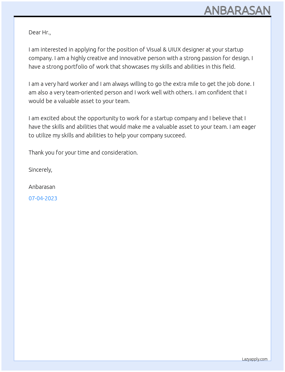 Visual & UIUX designer At Startup Cover Letter