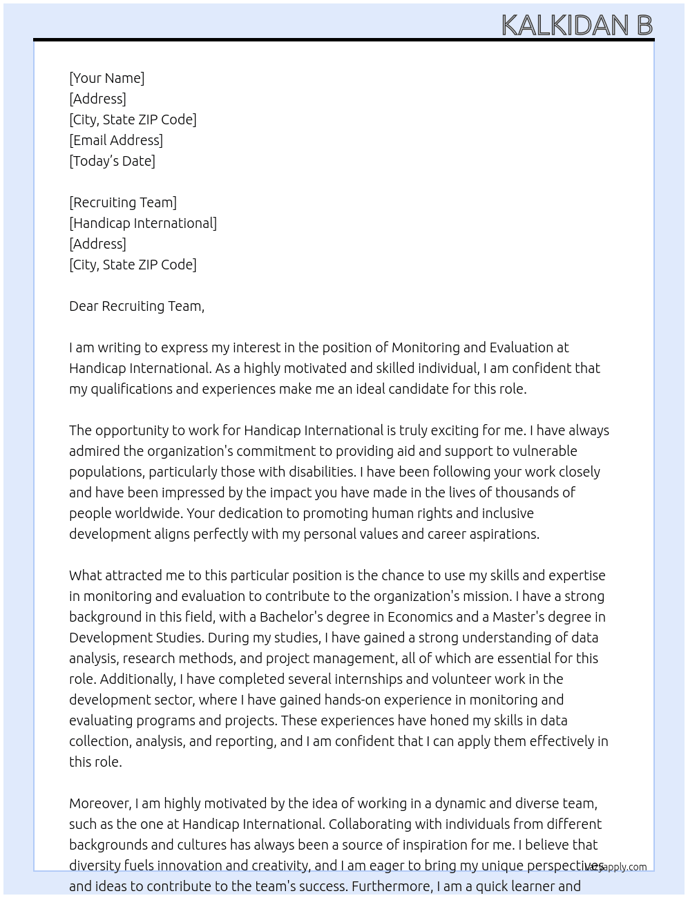 Monitoring and Evaluation At Handicap International Cover Letter