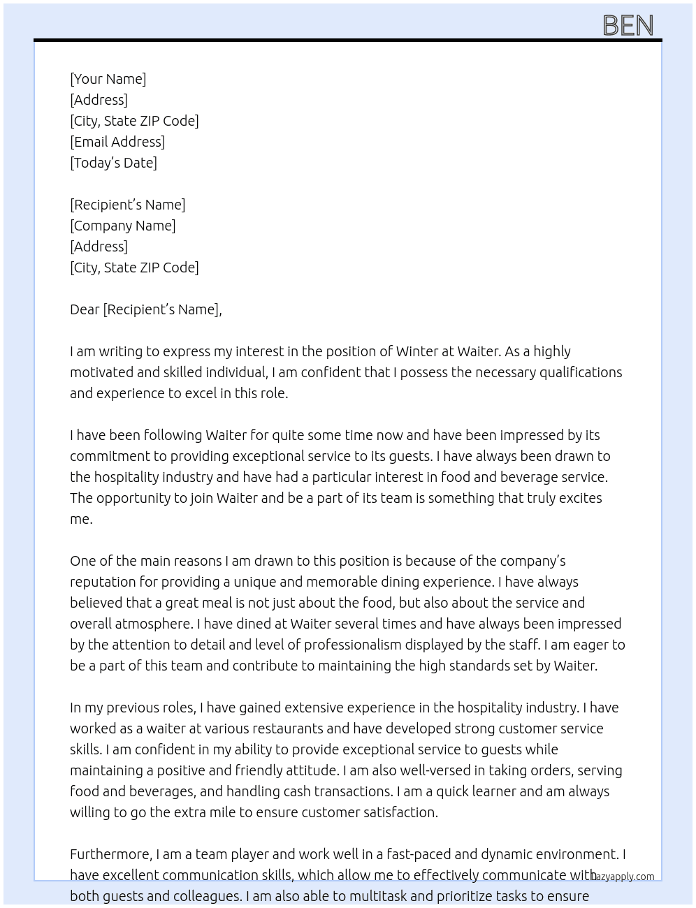 Winter  At Waiter  Cover Letter