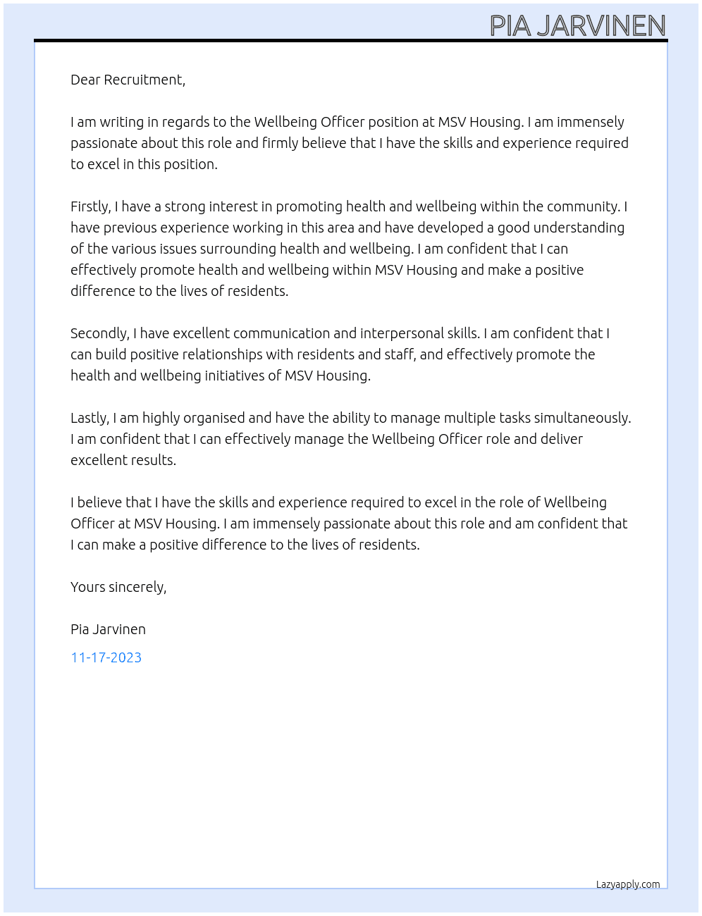Wellbeing Officer At MSV Housing Cover Letter