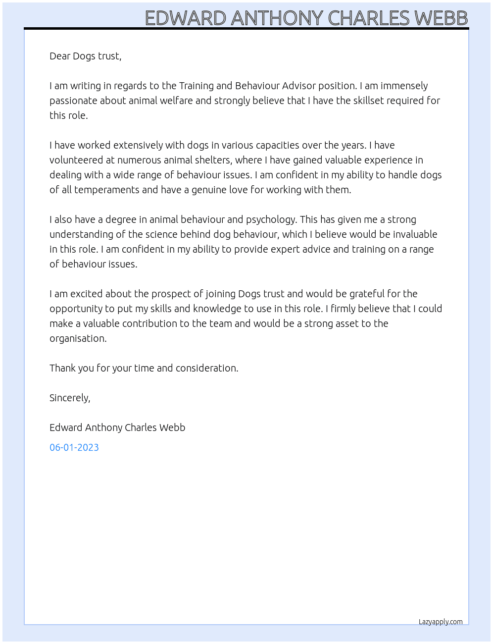 Training and Behaviour Advisor At Dogs trust Cover Letter