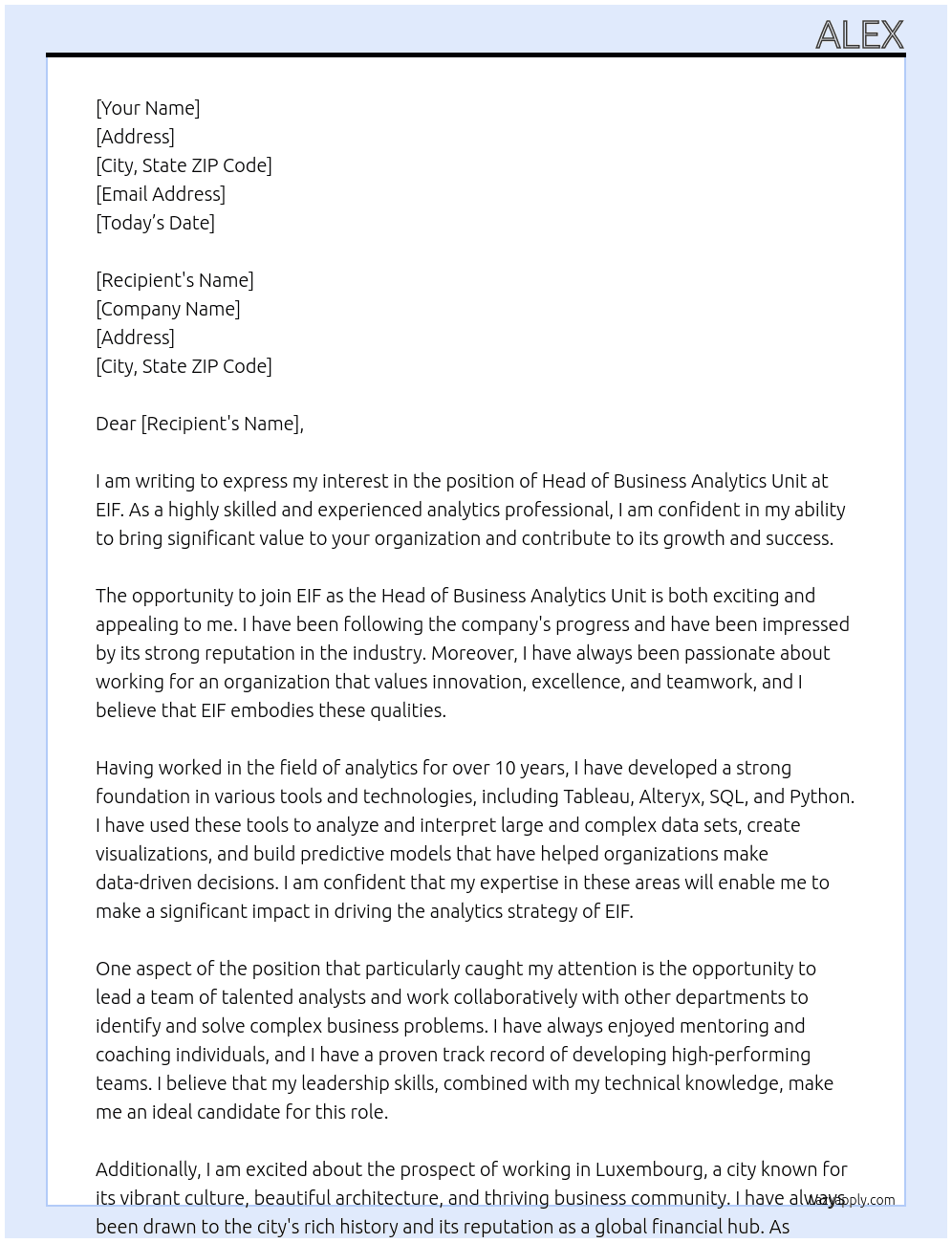 Head of Business Analytics Unit At EIF Cover Letter