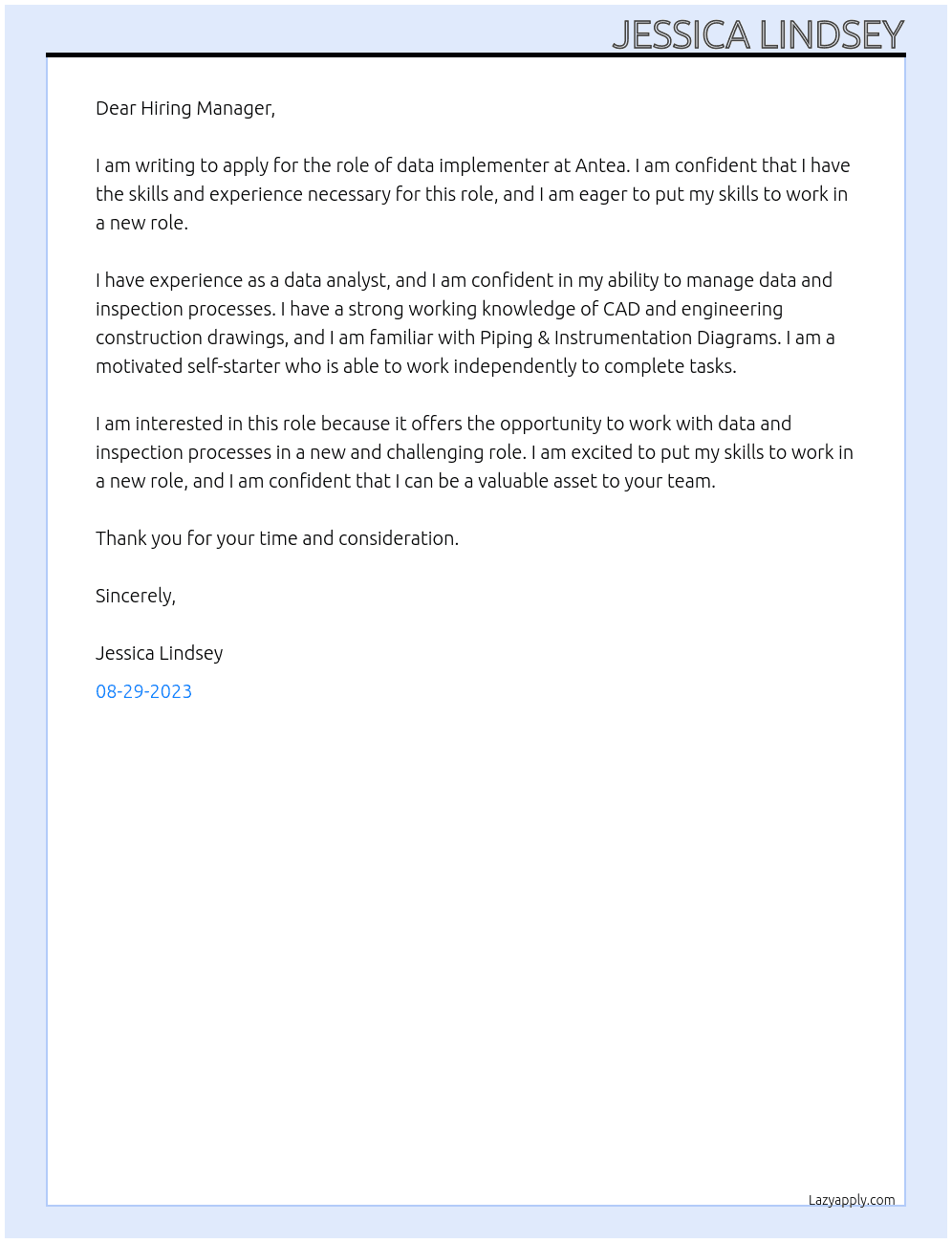 data implementer At Antea Cover Letter