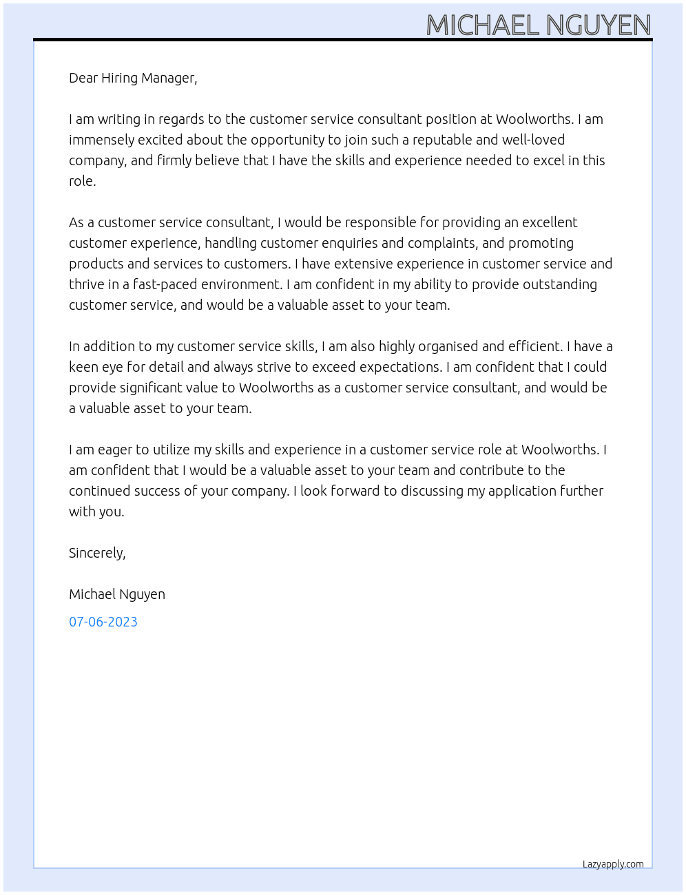 customer service consultant  At Woolworths Cover Letter