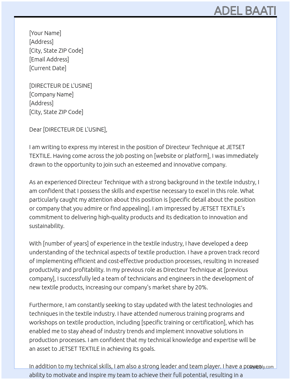 directeur technique At JETSET TEXTILE Cover Letter
