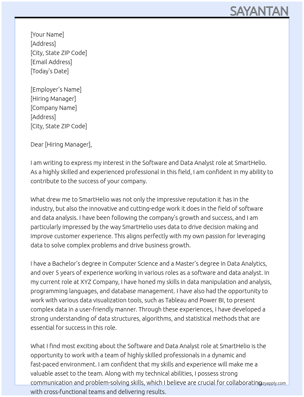 Software and data analyst role At SmartHelio Cover Letter