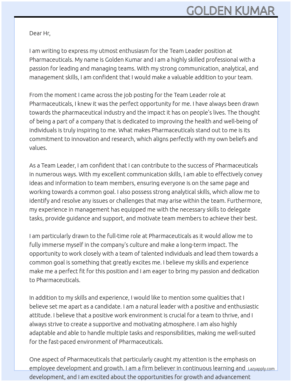 Team leader  At Pharmaceuticals  Cover Letter