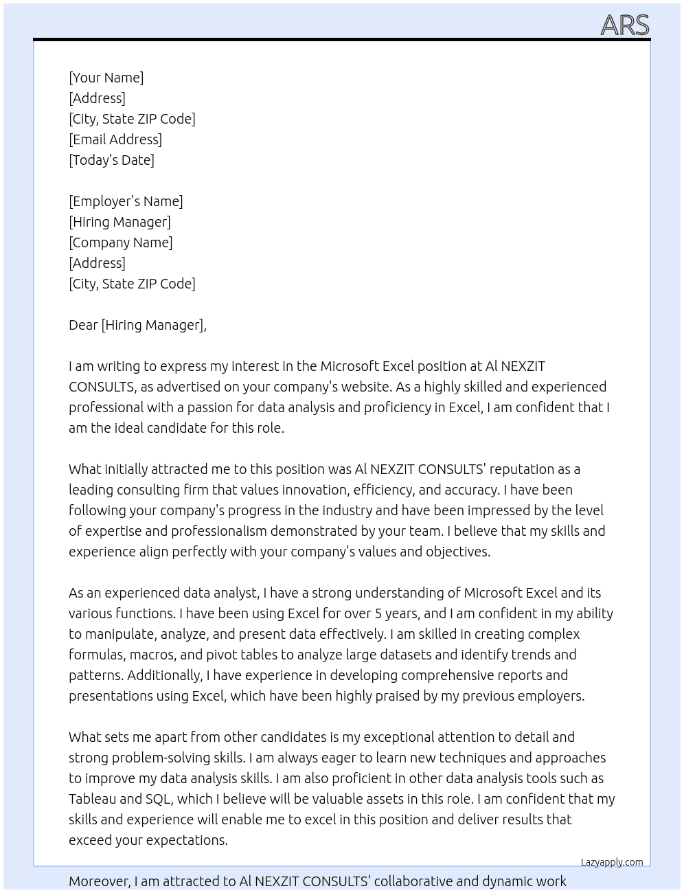 Microsoft excel At Al NEXZIT CONSULTS Cover Letter