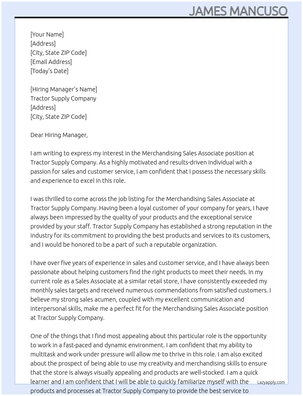 Merchandising Sales Associate At Tractor Supply Company Cover Letter