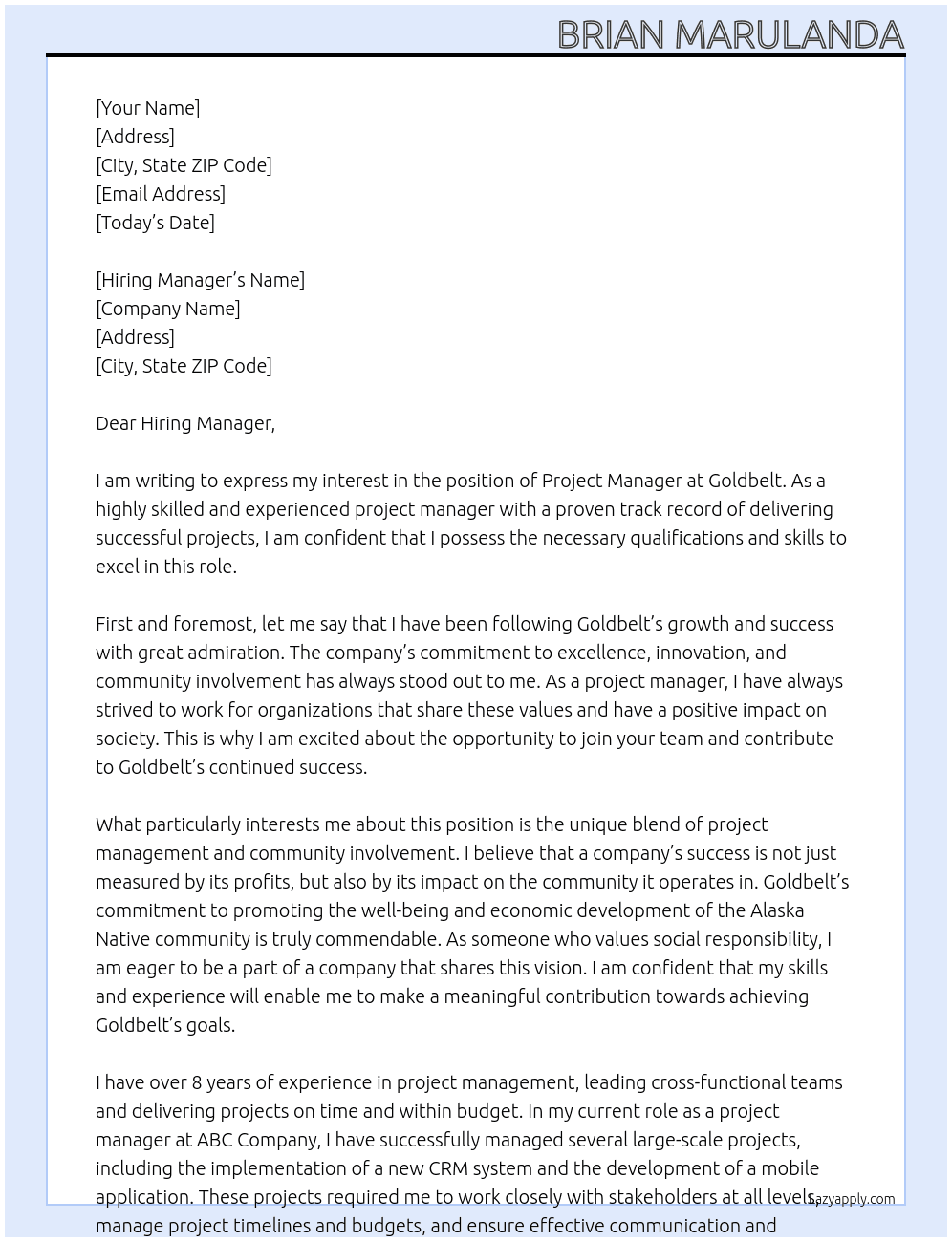Project Manager At Goldbelt Cover Letter