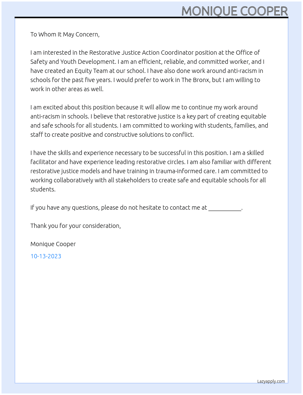 Restorative Justice Action Coordinator At Office of Safety and Youth Development Cover Letter