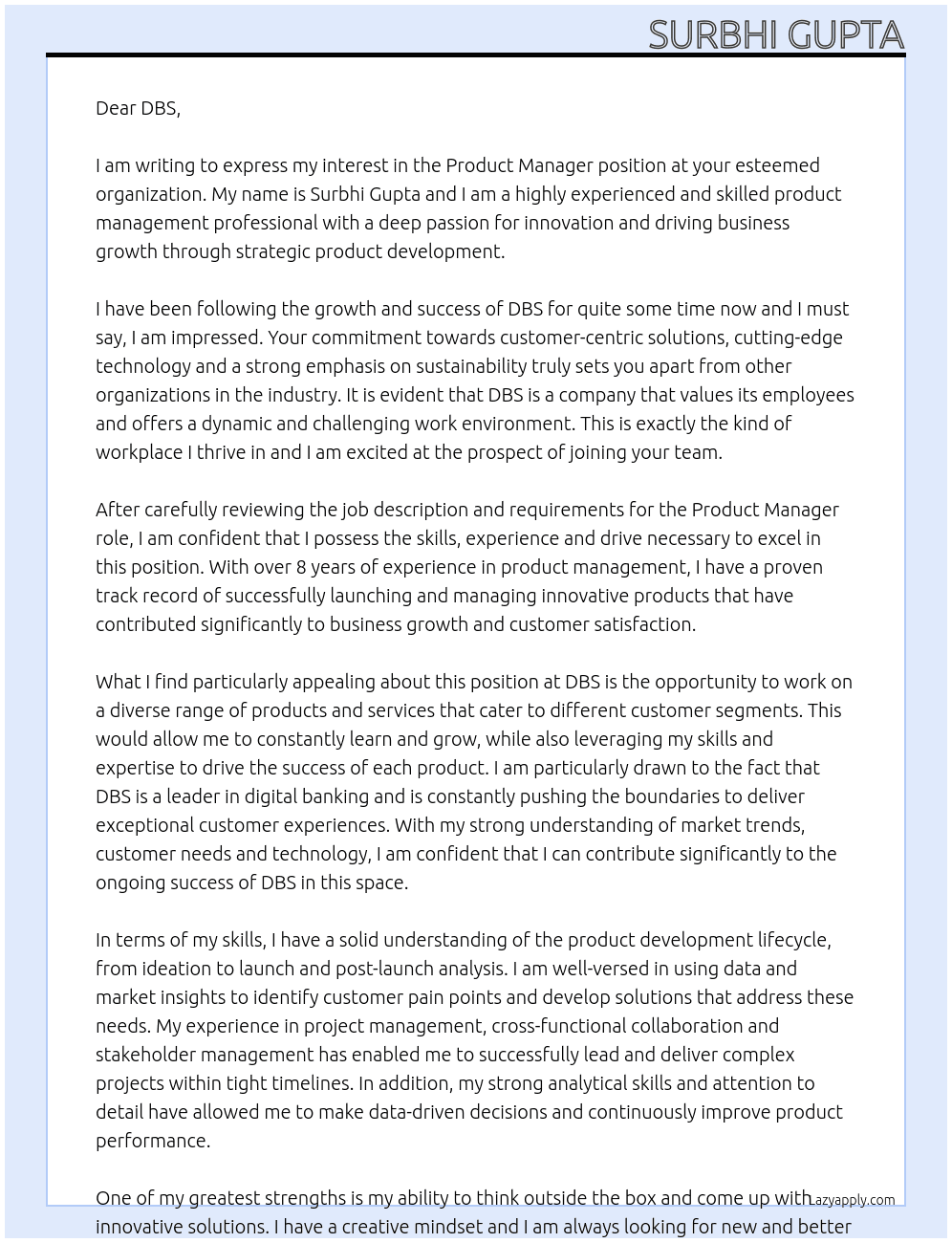 Product Manager At DBS Cover Letter