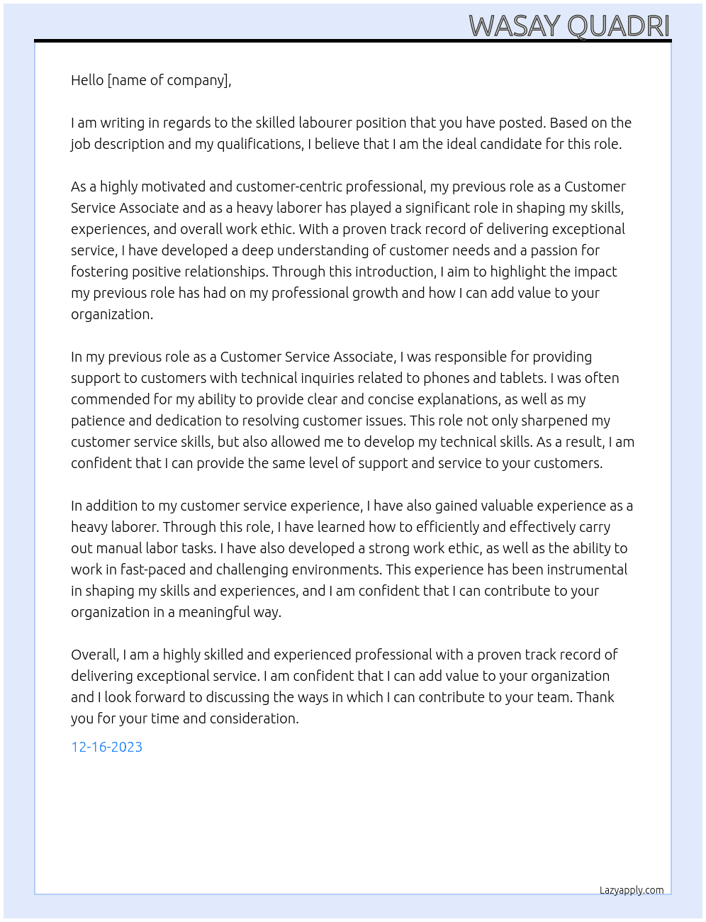 Skilled Labourer At any  Cover Letter