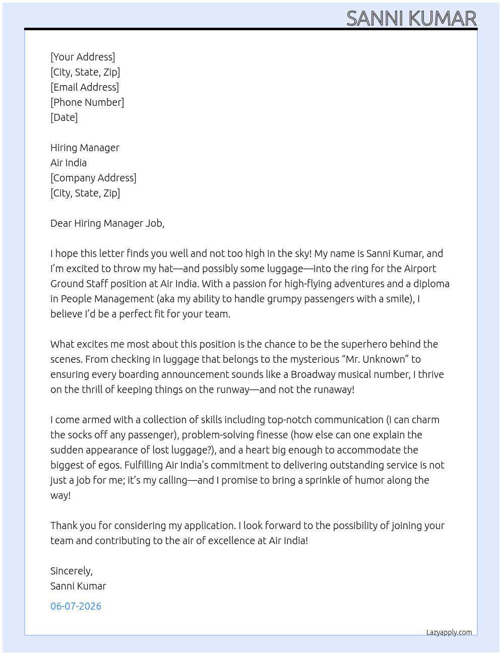 Airport ground staff At Air India Cover Letter