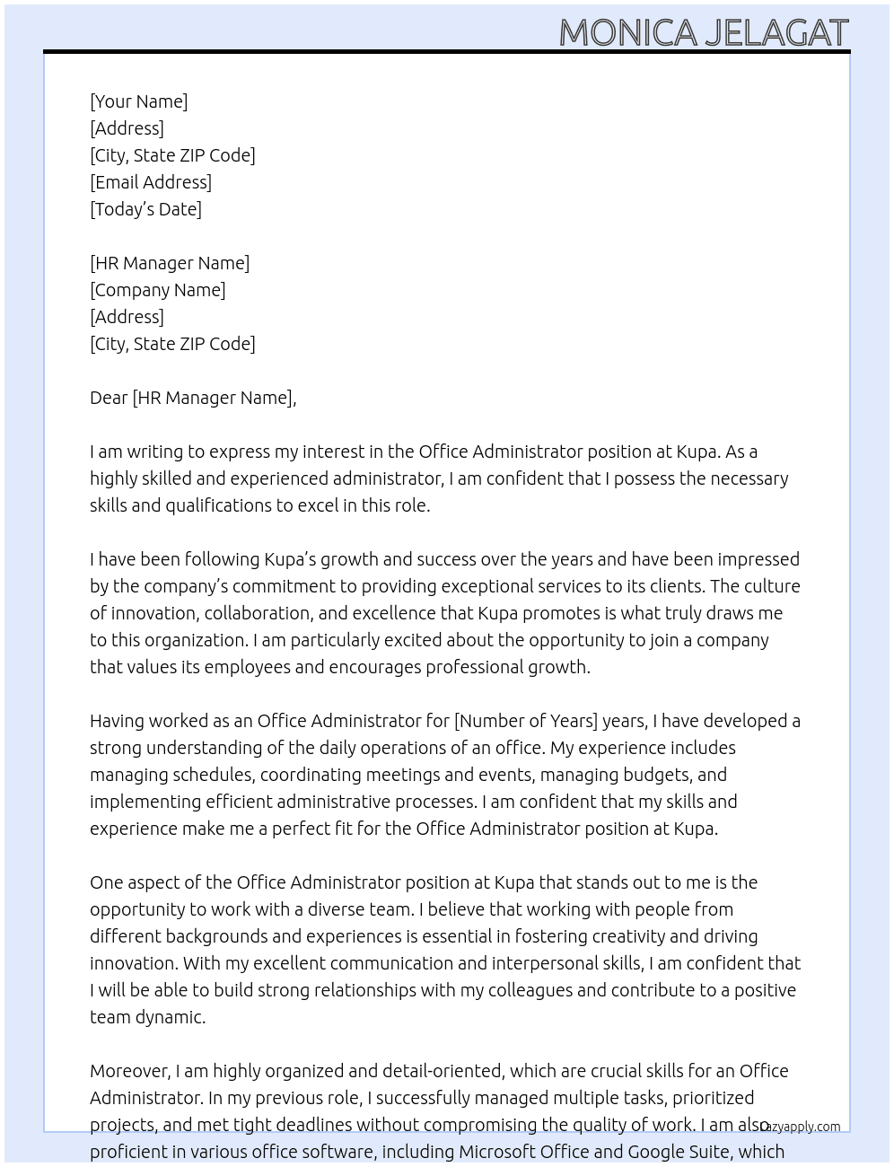 office administrator At KUPA Cover Letter