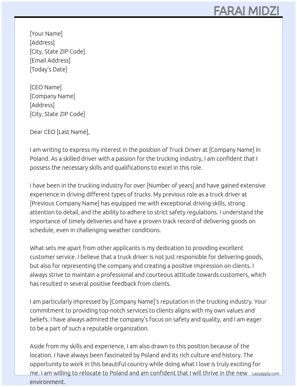 Truck driver At Truck driver in Poland  Cover Letter