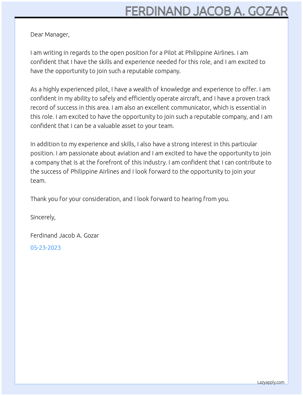 Pilot At Philippine Airlines Cover Letter