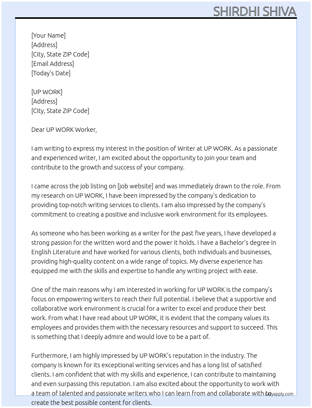 WRITER At UP WORK Cover Letter