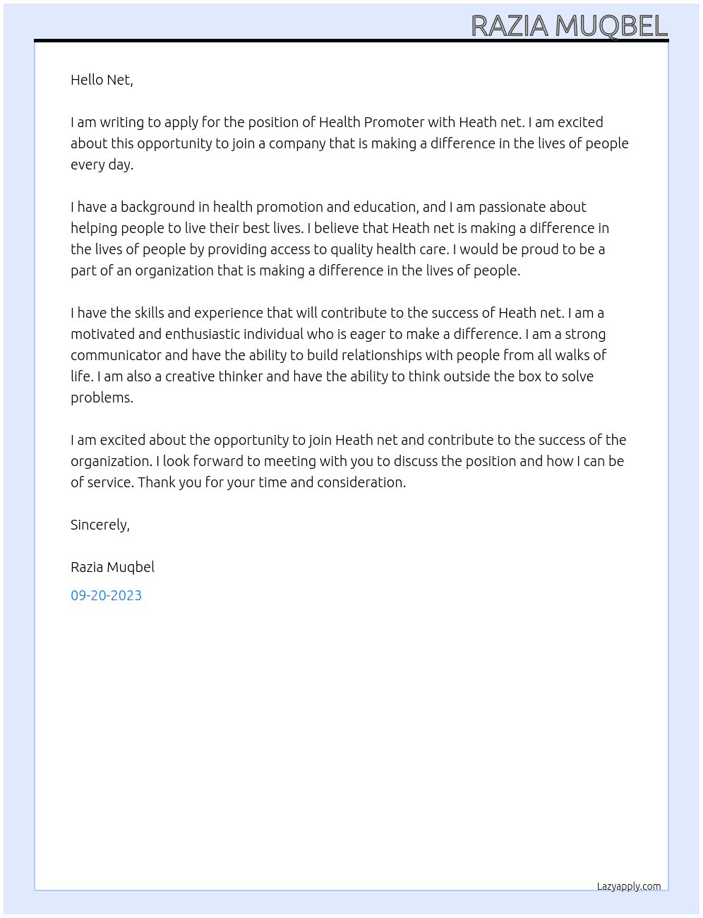 Health promoter At Heath net Cover Letter