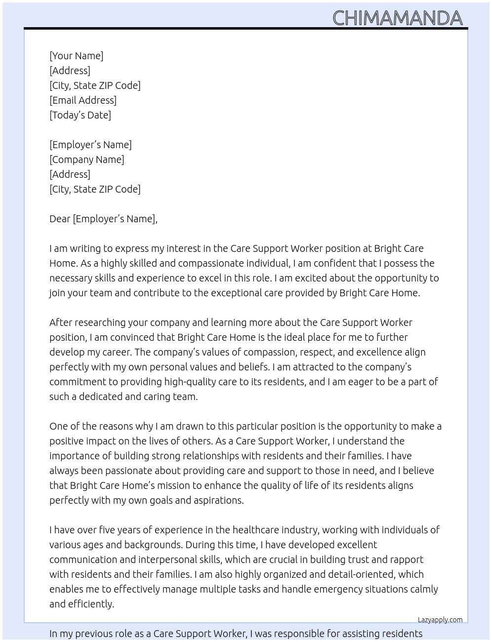 Care support worker  At Bright care home Cover Letter