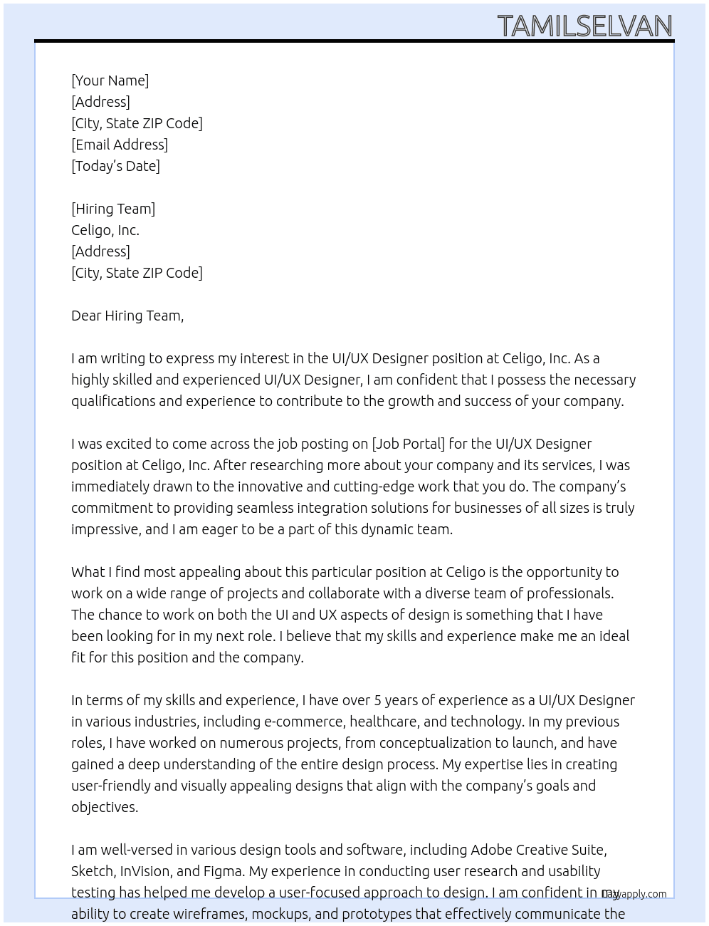 UI/UX Designer At Celigo, Inc Cover Letter