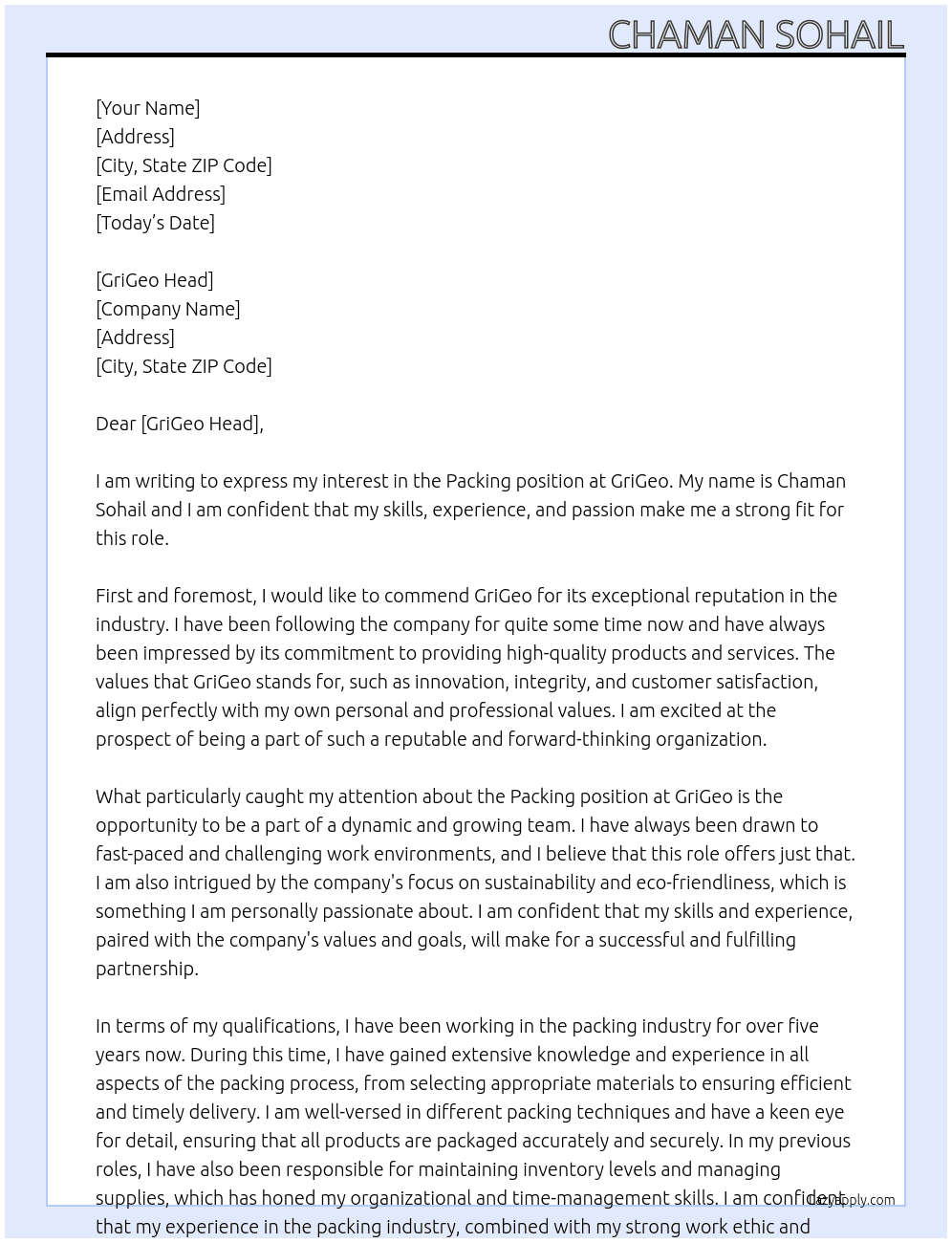 Packing  At GriGeo Cover Letter