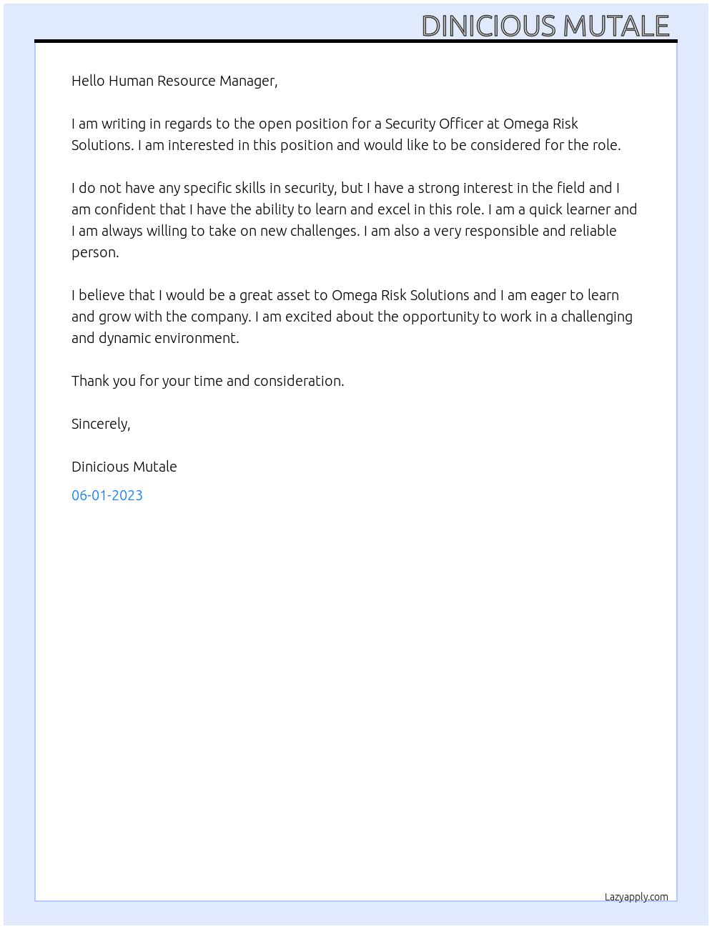 Security Officer  At Omega Risk Solutions  Cover Letter