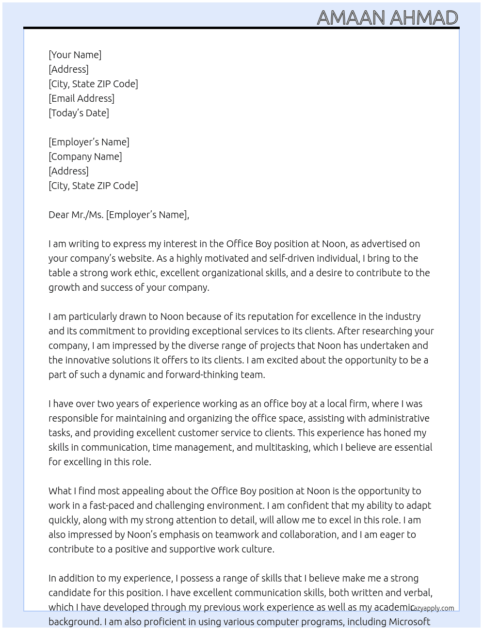 Office boy At Noon Cover Letter