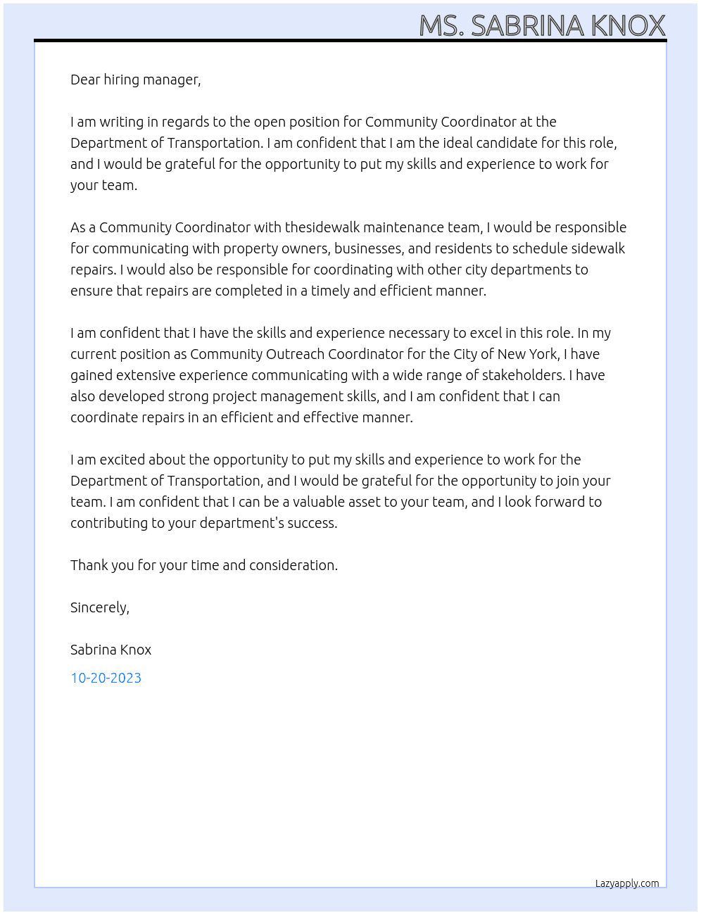 Community Coordinator - CWC At DEPARTMENT OF TRANSPORTATION Cover Letter