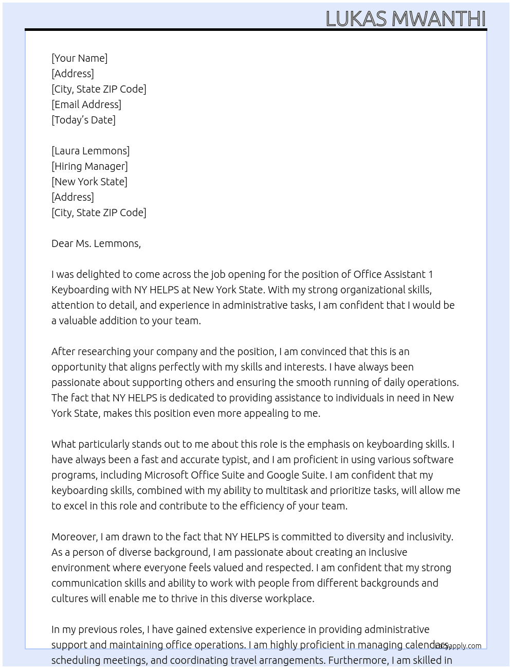 Office Assistant 1 Keyboarding (NY HELPS) At nEW YORK STATE Cover Letter