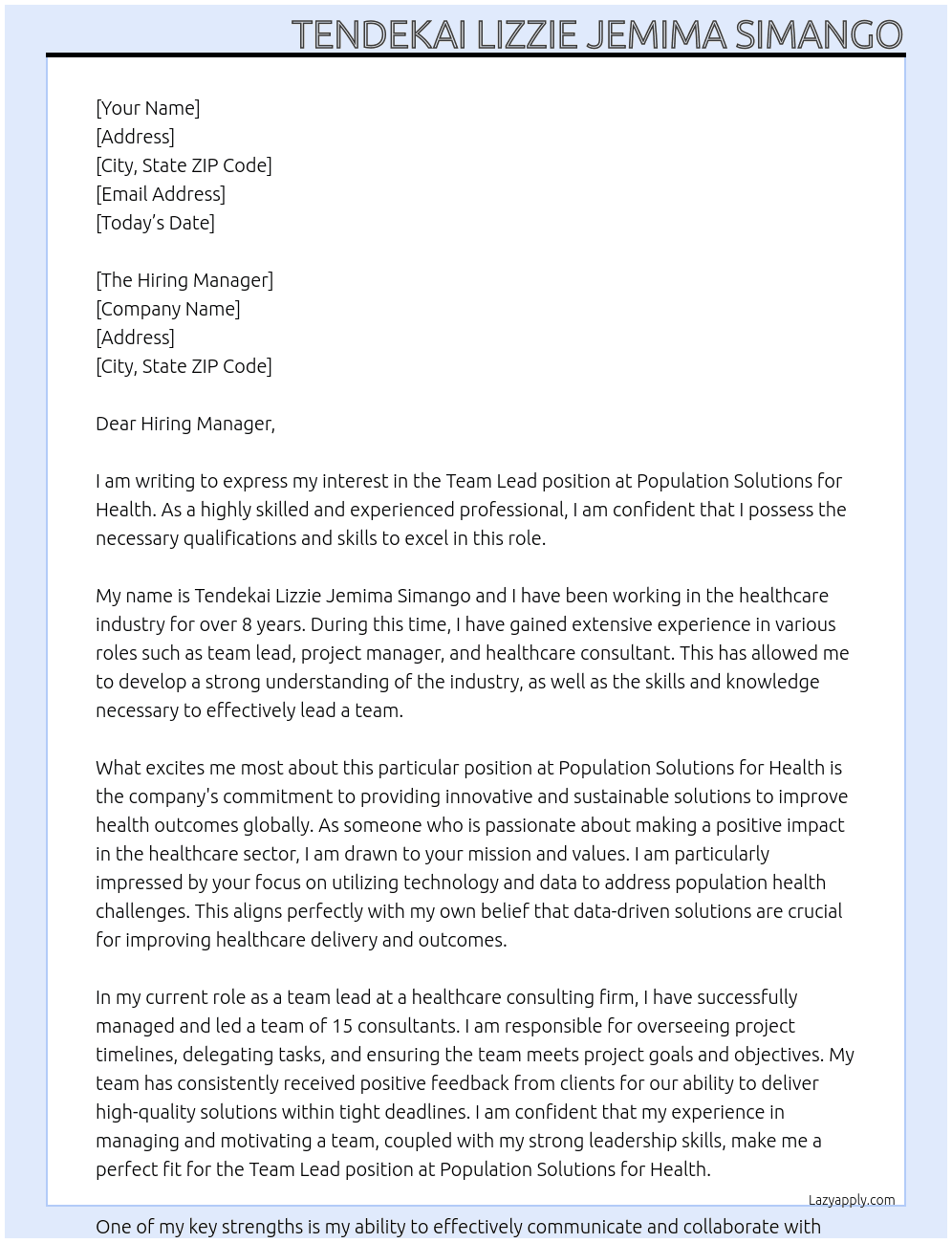 team lead At Population Solutions for Health Cover Letter